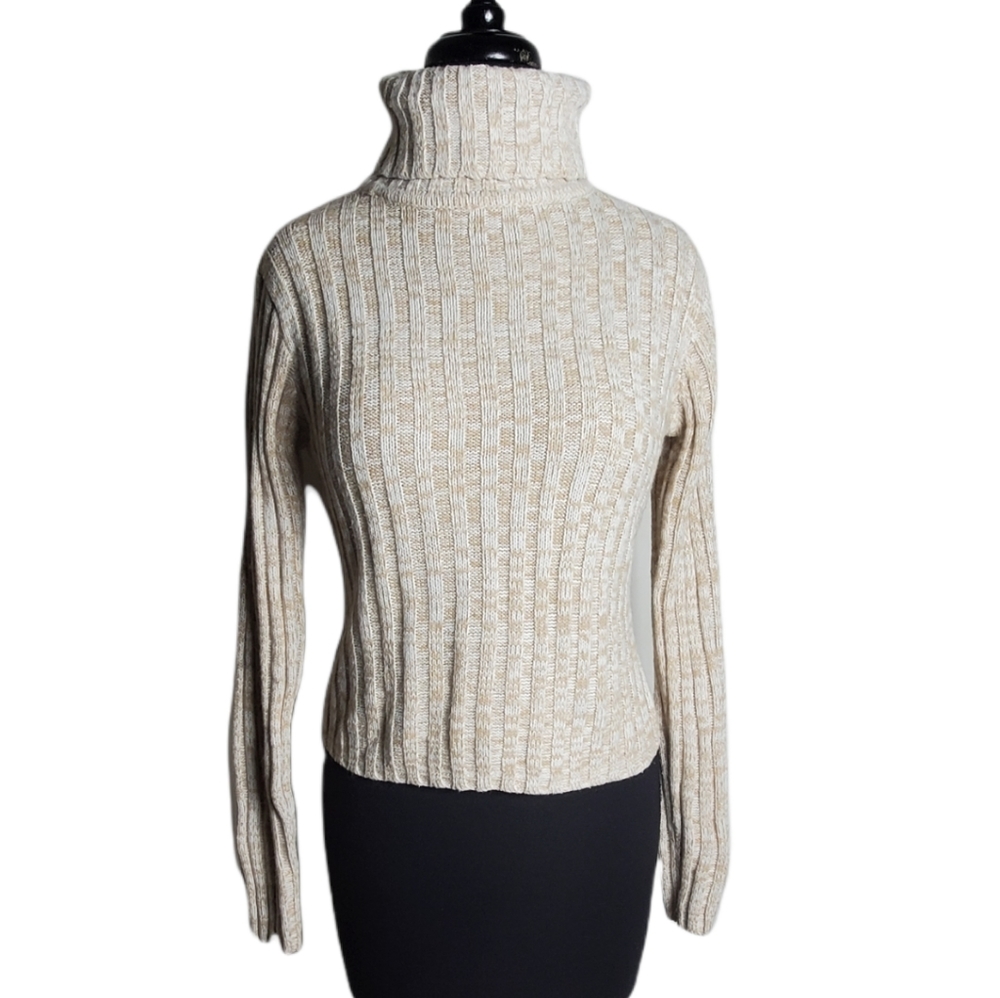 US Three crean tan marble ribbed pull over turtleneck sweater size medium